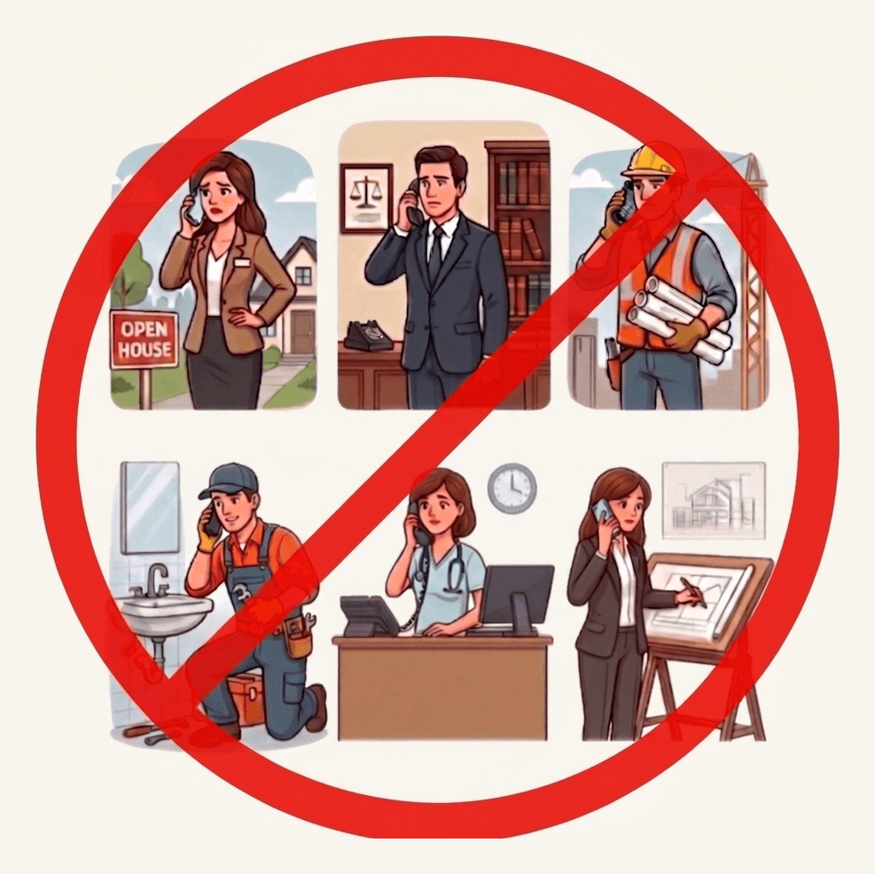 Various business owners missing calls, overlaid with a no-busy-signals prohibition symbol